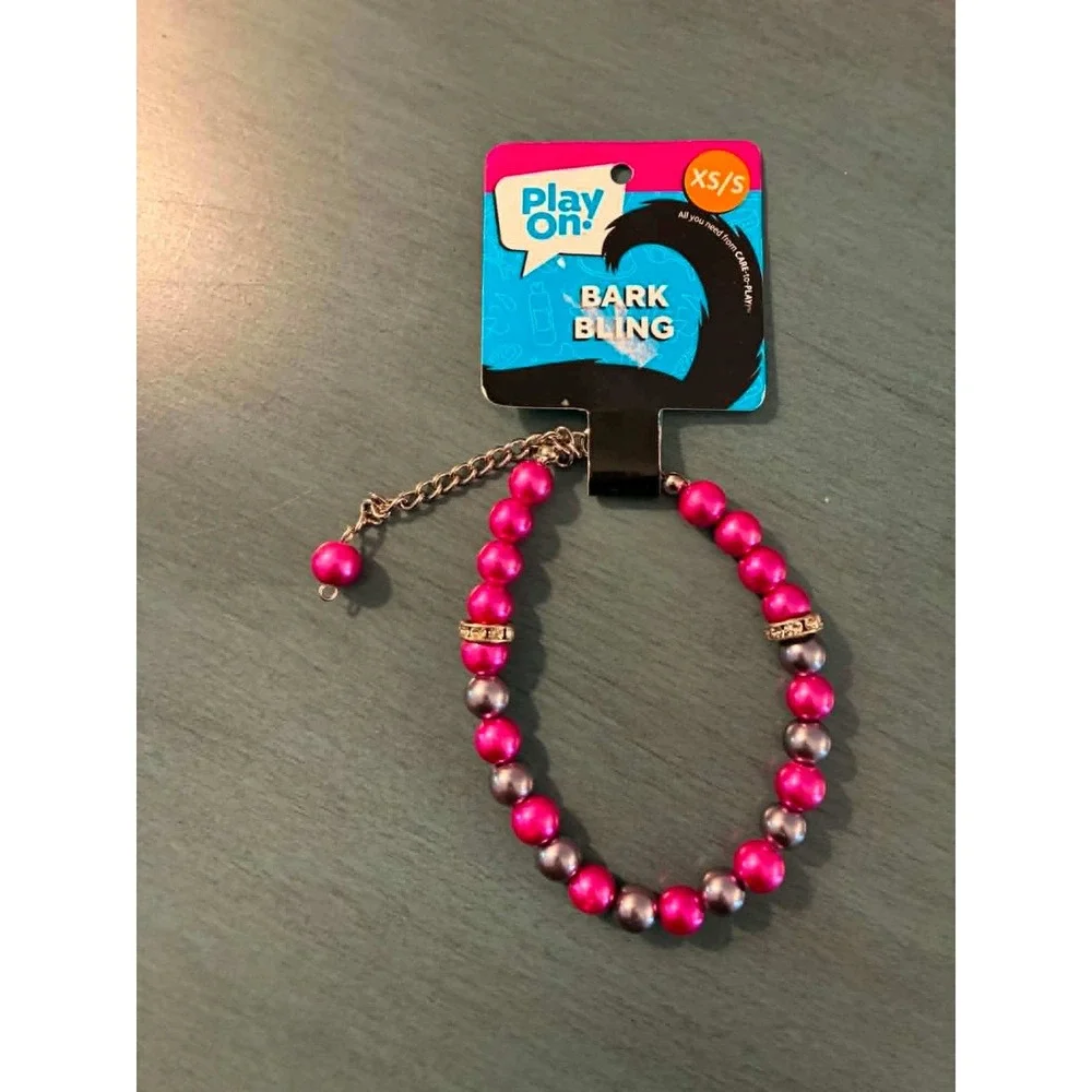 Play On! Dog Accessory Set XS/S Pink Black LED Collar Leash Bark Bling Necklace